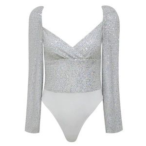 Bella Barnett Puff Sleeve Silver Sequin Bodysuit, Size L